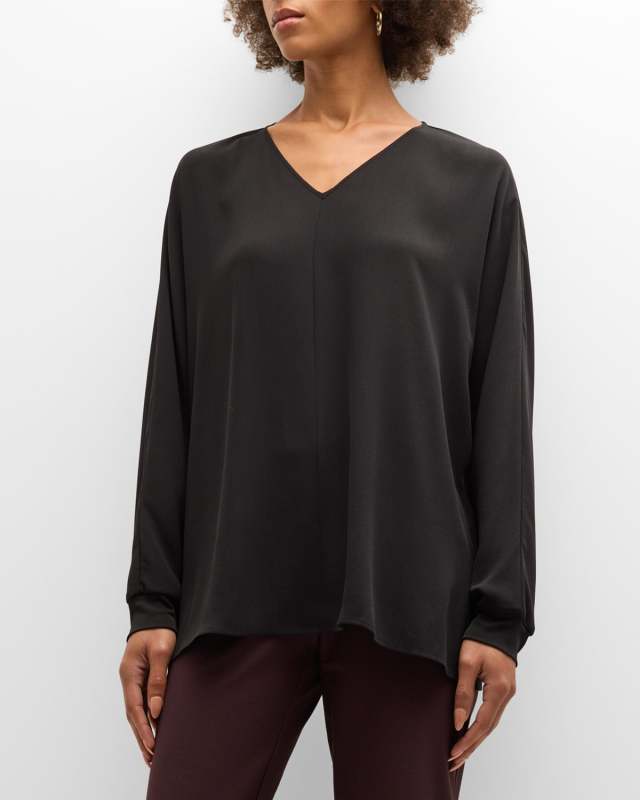 Matte V-Neck Blouson-Sleeve Top